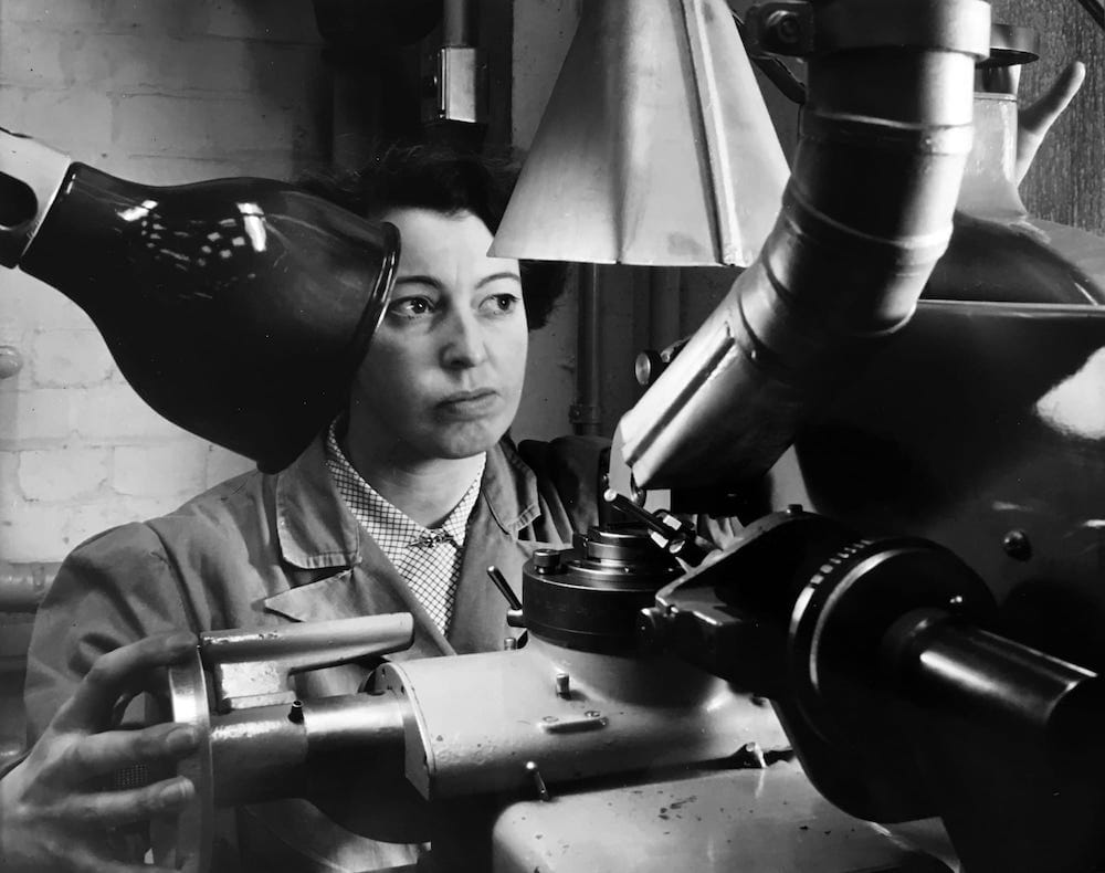 A Monotype employee working in the Matrix Factory, undated photograph. Courtesy Richard Cooper.