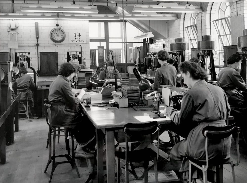 Monotype employees working in the punchcutting room, undated photograph. Courtesy Richard Cooper.