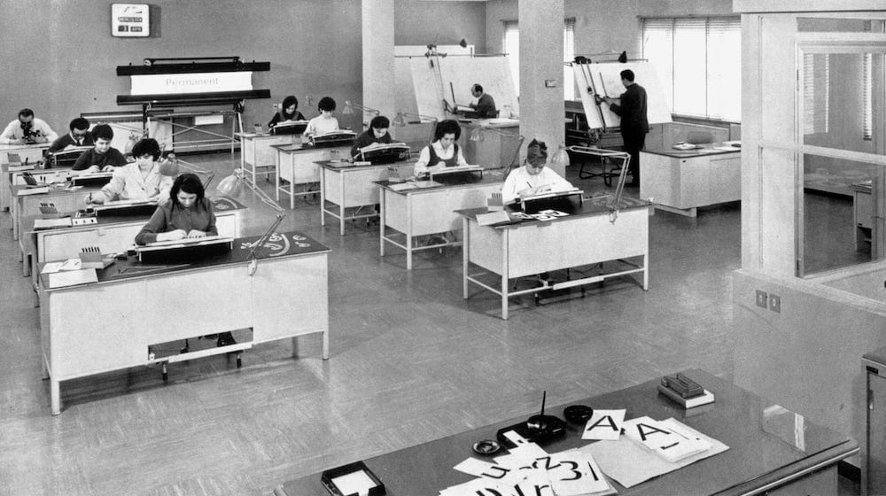 View of the drawing studio of the Simoncini Type Foundry in Bologna, Italy, in the early 1960s. Courtesy Antonio Cavedoni