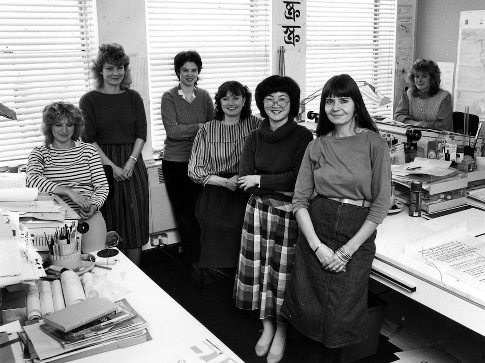 Linotype studio for typographic developments in the early 1980s. From left to right: Georgina Surman, Lesley Sewell, Sarah Morley, Gillian Robertson, Ros Coates, Fiona Ross, and Donna Yandle. Courtesy Fiona Ross.