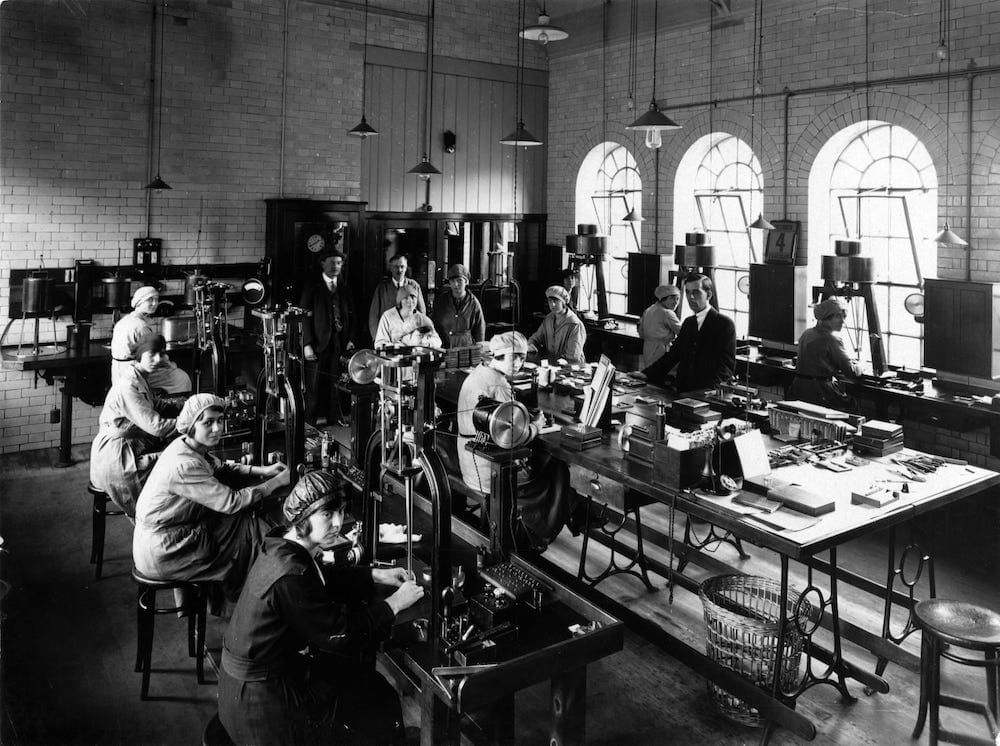 The punchcutting room of the Monotype Works, Salfords, Surrey (UK), probably 1928. © Monotype archives.